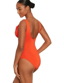 Lauren Ralph Lauren Beach Club Solids Ruffle Surplice Underwired One-Piece Swimsuit in Papaya