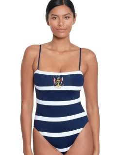 Lauren Ralph Lauren Mariner Stripe Embroidered Wirefree Padded Swimsuit in Dark Navy