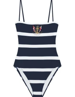 Lauren Ralph Lauren Mariner Stripe Embroidered Wirefree Padded Swimsuit in Dark Navy