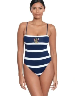 Lauren Ralph Lauren Mariner Stripe Embroidered Wirefree Padded Swimsuit in Dark Navy