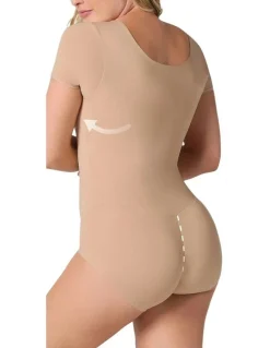 Leonisa Essential Boldly Short Sleeve Shaping Tummy Control Bodysuit in Golden Beige