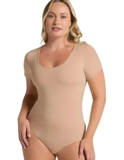 Leonisa Essential Boldly Short Sleeve Shaping Tummy Control Bodysuit in Golden Beige