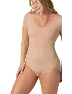 Leonisa Essential Boldly Short Sleeve Shaping Tummy Control Bodysuit in Golden Beige