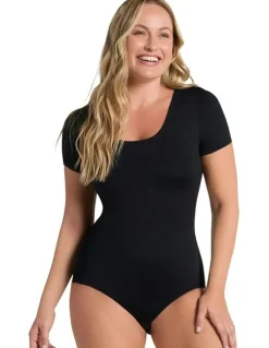 Leonisa Essential Boldly Short Sleeve Shaping Tummy Control Bodysuit in Black