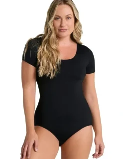Leonisa Essential Boldly Short Sleeve Shaping Tummy Control Bodysuit in Black