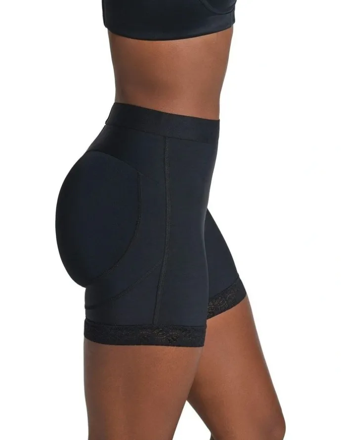Leonisa Mid-Rise Bottom-Lifting Shaper Shorts With Lace in Black