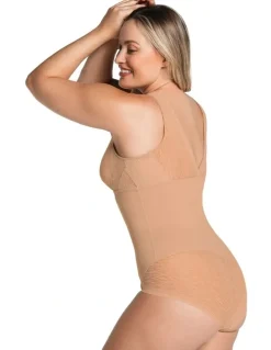 Leonisa Sheer Stripe Detail Wirefree Sculpting Bodysuit in Beige