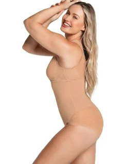 Leonisa Sheer Stripe Detail Wirefree Sculpting Bodysuit in Beige