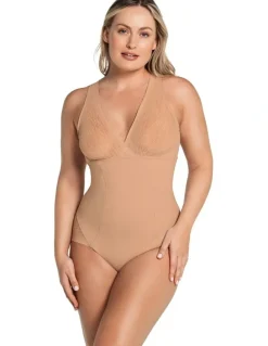 Leonisa Sheer Stripe Detail Wirefree Sculpting Bodysuit in Beige