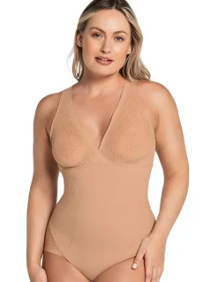 Leonisa Sheer Stripe Detail Wirefree Sculpting Bodysuit in Beige