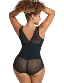 Leonisa Sheer Stripe Detail Wirefree Sculpting Bodysuit in Black