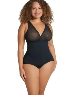 Leonisa Sheer Stripe Detail Wirefree Sculpting Bodysuit in Black