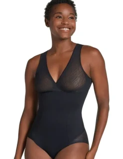 Leonisa Sheer Stripe Detail Wirefree Sculpting Bodysuit in Black
