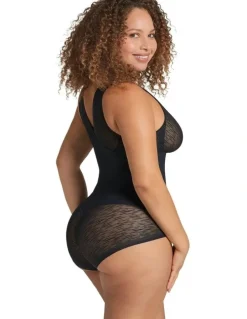 Leonisa Sheer Stripe Detail Wirefree Sculpting Bodysuit in Black