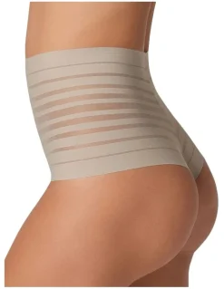 Leonisa Sheer Stripe Tummy Compression High Waist Thong in Nude