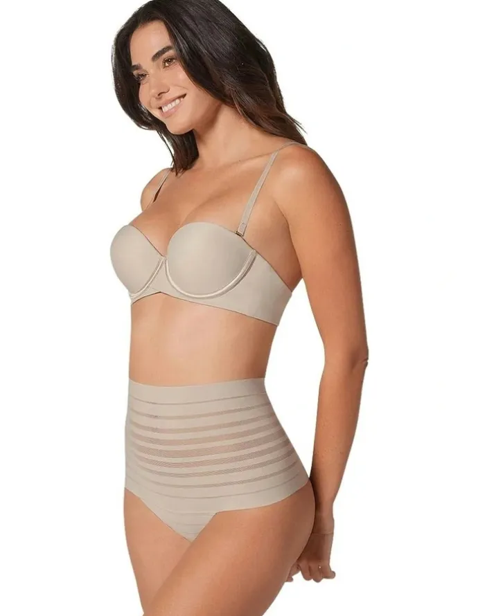 Leonisa Sheer Stripe Tummy Compression High Waist Thong in Nude