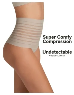 Leonisa Sheer Stripe Tummy Compression High Waist Thong in Nude