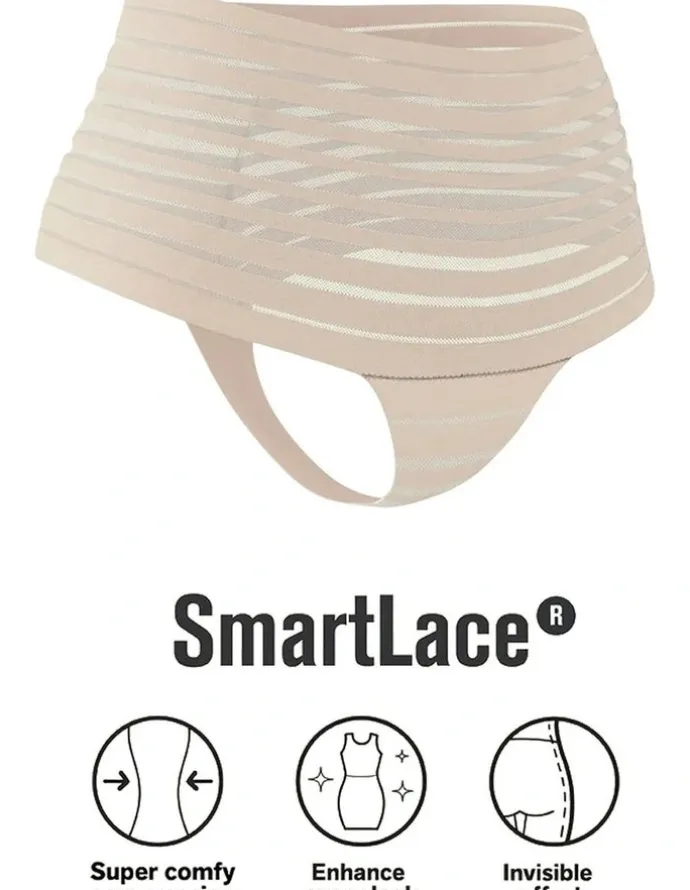 Leonisa Sheer Stripe Tummy Compression High Waist Thong in Nude