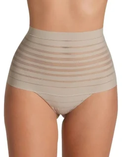 Leonisa Sheer Stripe Tummy Compression High Waist Thong in Nude