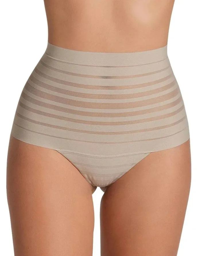 Leonisa Sheer Stripe Tummy Compression High Waist Thong in Nude