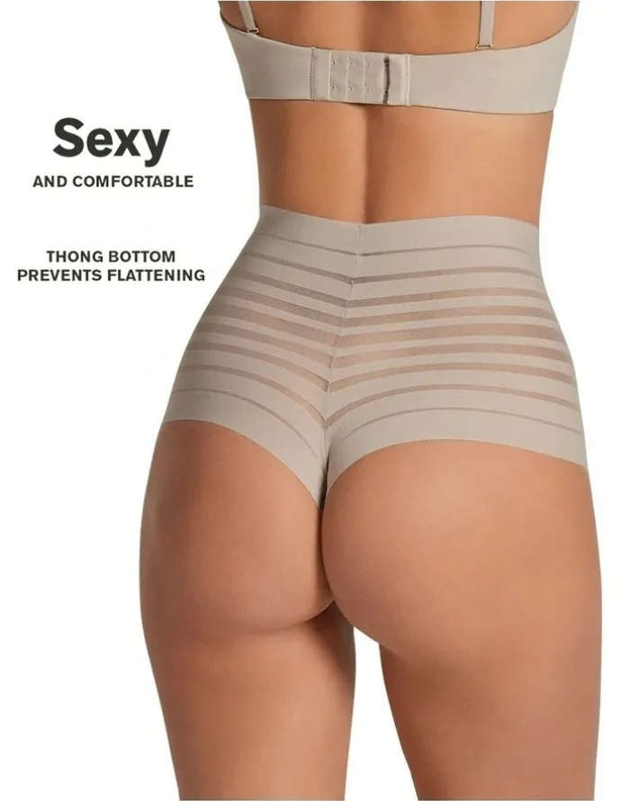 Leonisa Sheer Stripe Tummy Compression High Waist Thong in Nude