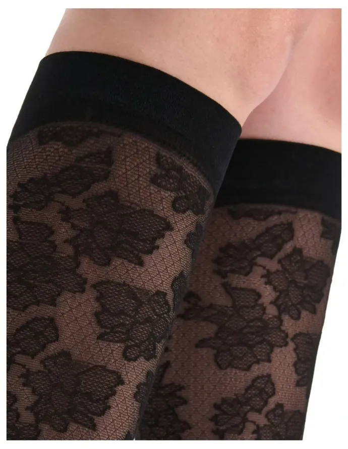 Levante Carlina Floral Knee High Sock in Nero