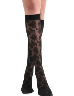 Levante Carlina Floral Knee High Sock in Nero