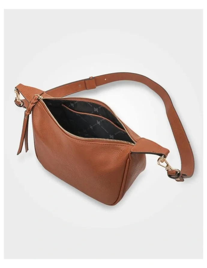 Madison Accessories Ella Zip Top Crossbody Bag with Plait Zip Puller in Brown