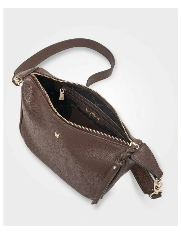 Madison Accessories Ella Zip Top Crossbody Bag with Plait Zip Puller in Brown