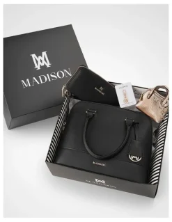 Madison Accessories Grace Satchel, Wallet & Mini Coinpurse Giftbox in Black