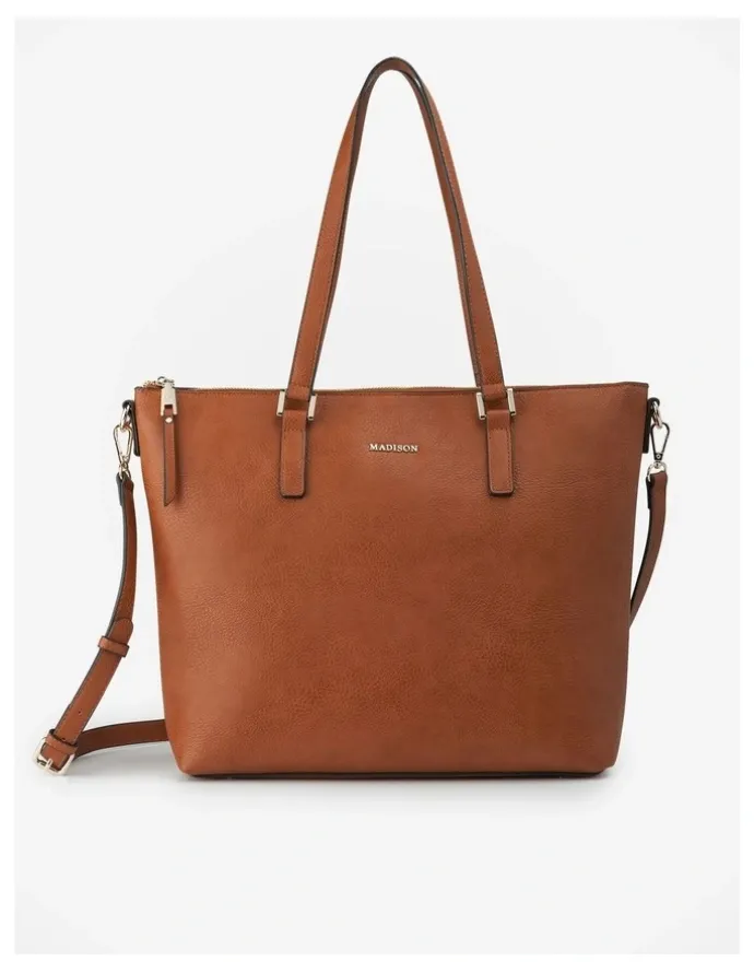 Madison Accessories Inga Large Zip Top Tote Bag with Laptop Pocket in Brown