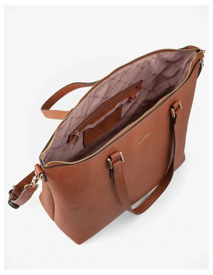 Madison Accessories Inga Large Zip Top Tote Bag with Laptop Pocket in Brown