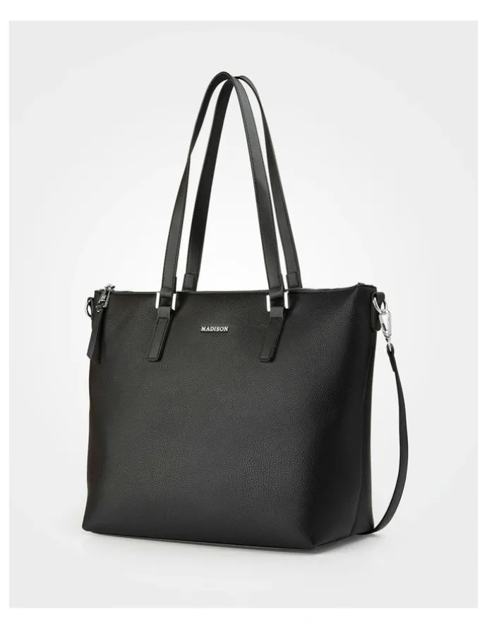 Madison Accessories Inga Large Zip Top Tote Bag with Laptop Pocket in Black