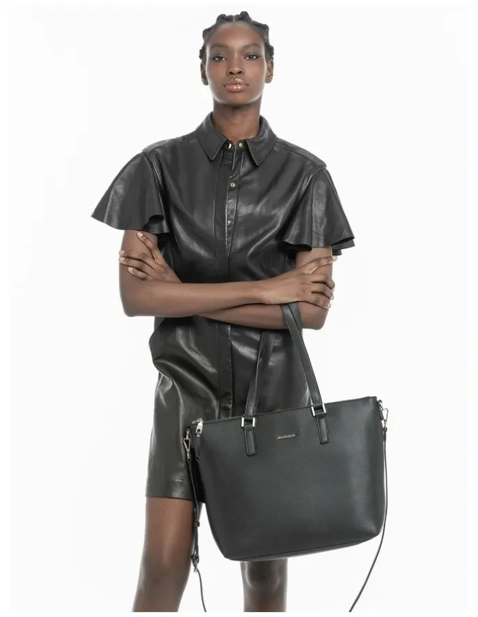 Madison Accessories Inga Large Zip Top Tote Bag with Laptop Pocket in Black