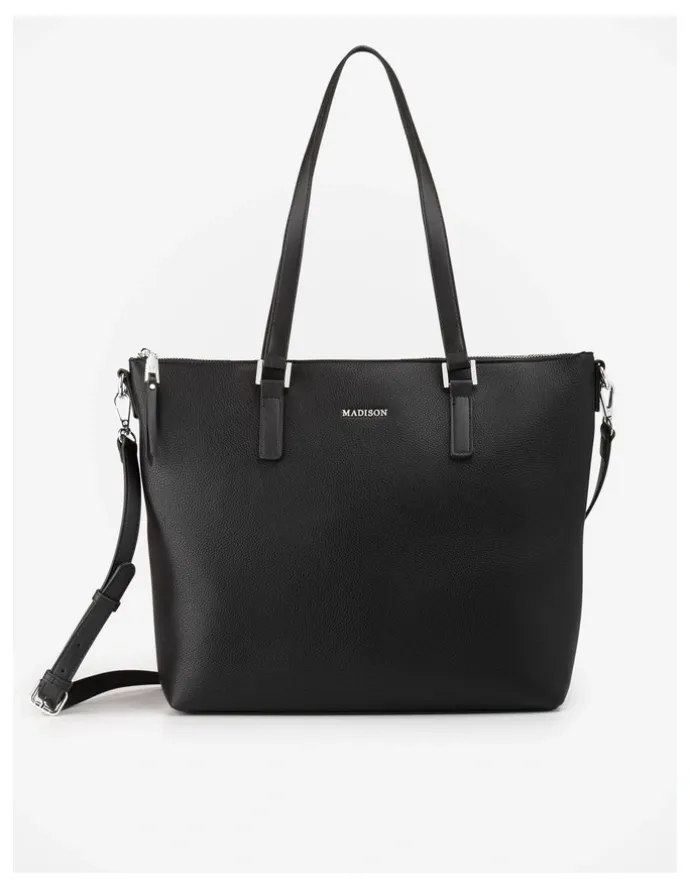 Madison Accessories Inga Large Zip Top Tote Bag with Laptop Pocket in Black