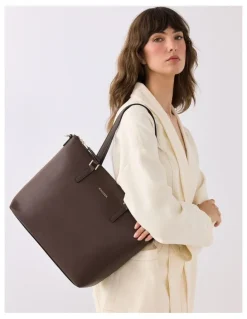 Madison Accessories Inga Large Zip Top Tote Bag with Laptop Pocket Monogram Bag Strap in Chocolate