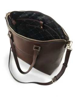 Madison Accessories Inga Large Zip Top Tote Bag with Laptop Pocket Monogram Bag Strap in Chocolate