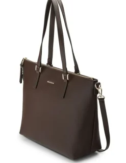 Madison Accessories Inga Large Zip Top Tote Bag with Laptop Pocket Monogram Bag Strap in Chocolate