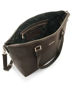 Madison Accessories Inga Large Zip Top Tote Bag with Laptop Pocket Monogram Bag Strap in Chocolate