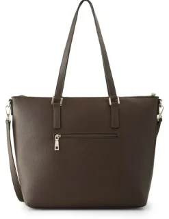 Madison Accessories Inga Large Zip Top Tote Bag with Laptop Pocket Monogram Bag Strap in Chocolate
