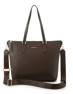 Madison Accessories Inga Large Zip Top Tote Bag with Laptop Pocket Monogram Bag Strap in Chocolate