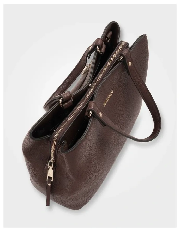 Madison Accessories Katherine Medium Satchel with 3 Compartments & Crossbody Strap Bag in Brown