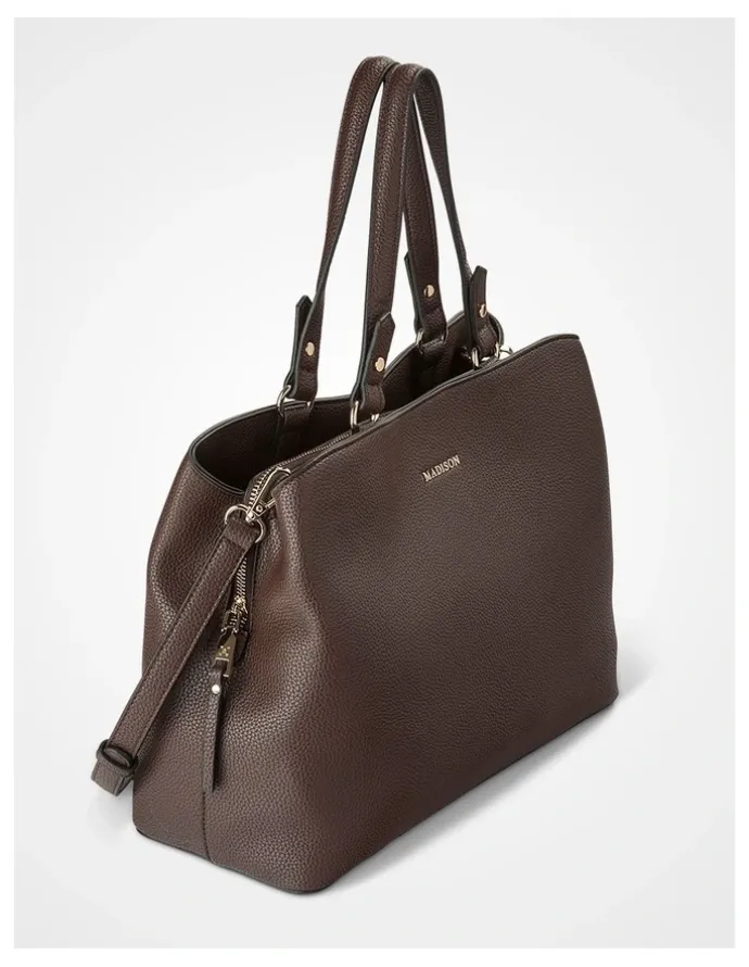 Madison Accessories Katherine Medium Satchel with 3 Compartments & Crossbody Strap Bag in Brown