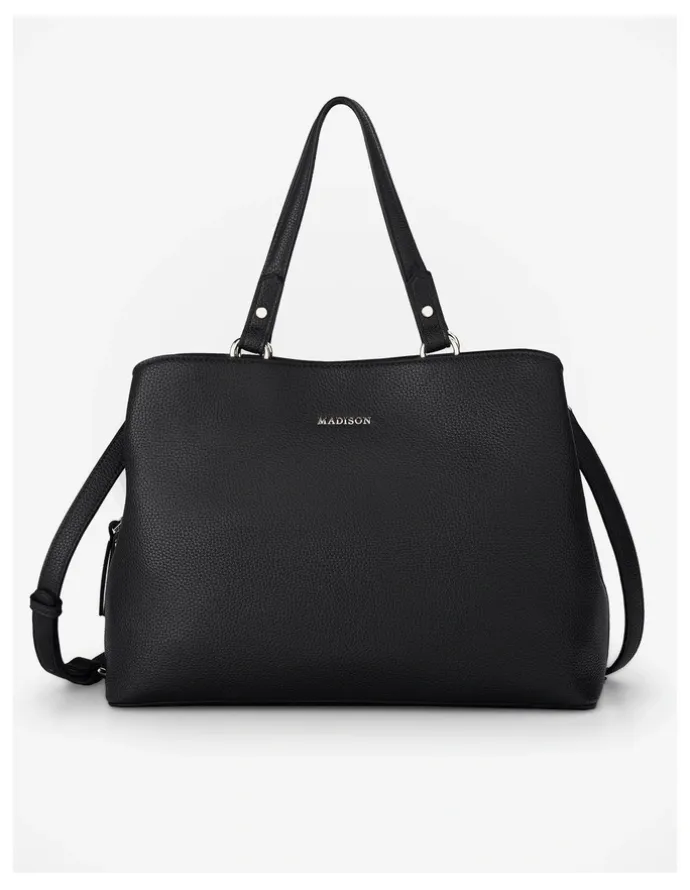 Madison Accessories Katherine Medium Satchel with 3 Compartments & Crossbody Strap in Black