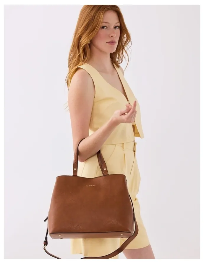 Madison Accessories Katherine Medium Satchel with 3 Compartments & Crossbody Strap Bag in Brown
