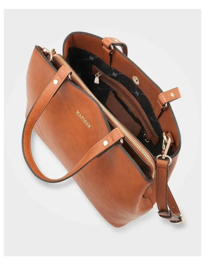 Madison Accessories Katherine Medium Satchel with 3 Compartments & Crossbody Strap Bag in Brown