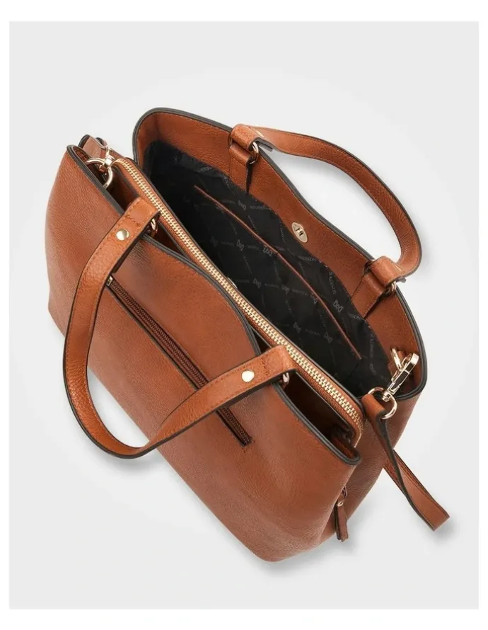 Madison Accessories Katherine Medium Satchel with 3 Compartments & Crossbody Strap Bag in Brown
