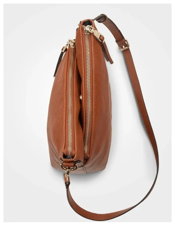 Madison Accessories Maya Medium Double Angled Zip Sling Crossbody Bag in Brown