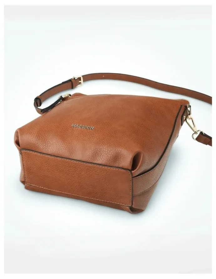 Madison Accessories Maya Medium Double Angled Zip Sling Crossbody Bag in Brown
