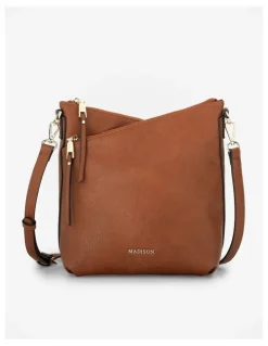 Madison Accessories Maya Medium Double Angled Zip Sling Crossbody Bag in Brown